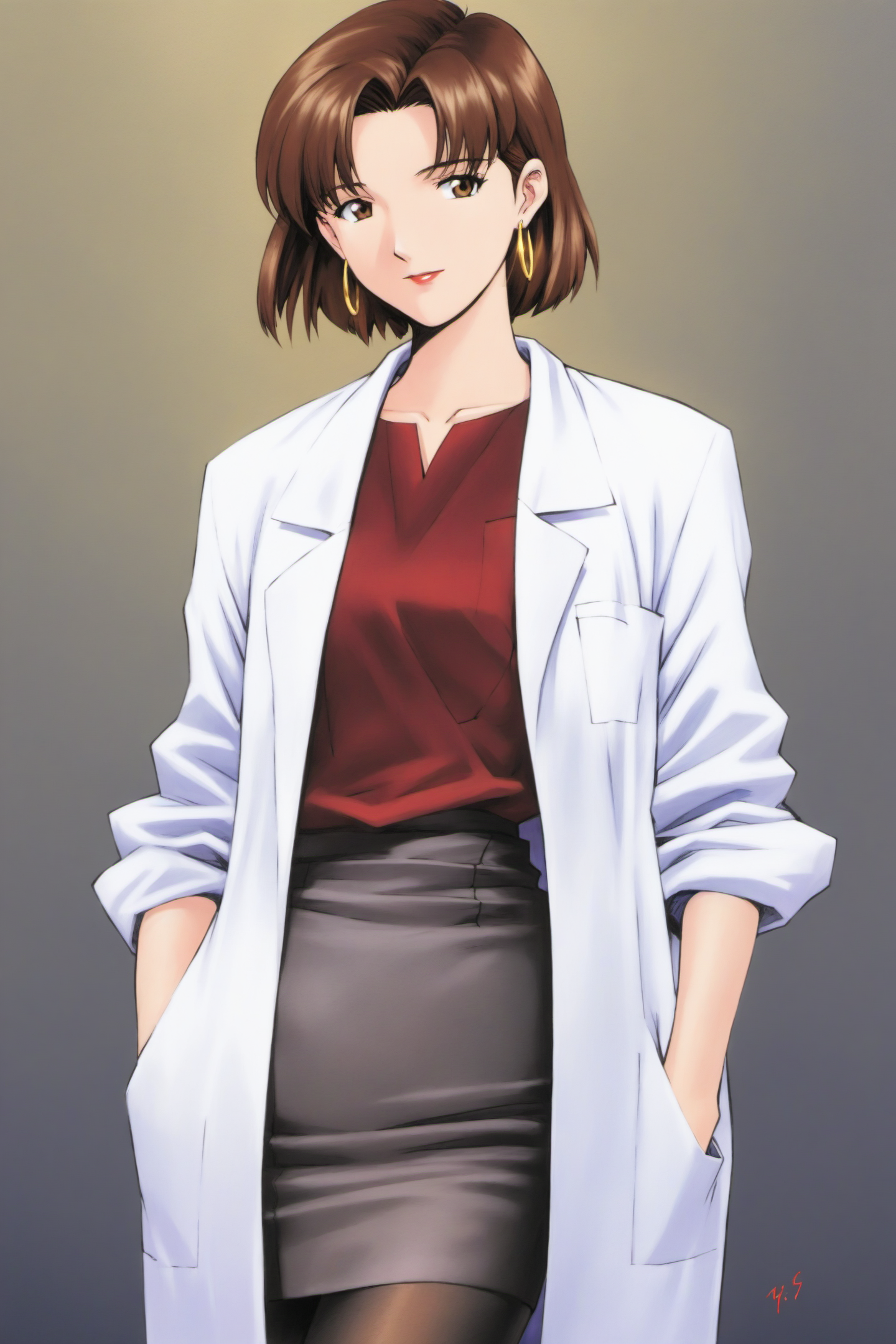 21684-1806901596-1girl, solo, labcoat, pantyhose, short hair, earrings, jewelry, mole, skirt, pencil skirt, mole under eye, hand in pocket, brown.png